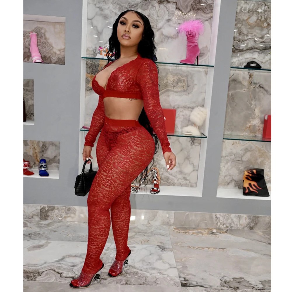 Fall 2024 Women's Clothing Mesh 2 Piece Outfits Sets Sexy V-Neck Crop Top And Skinny Pants Lace Two Piece Set For Ladies