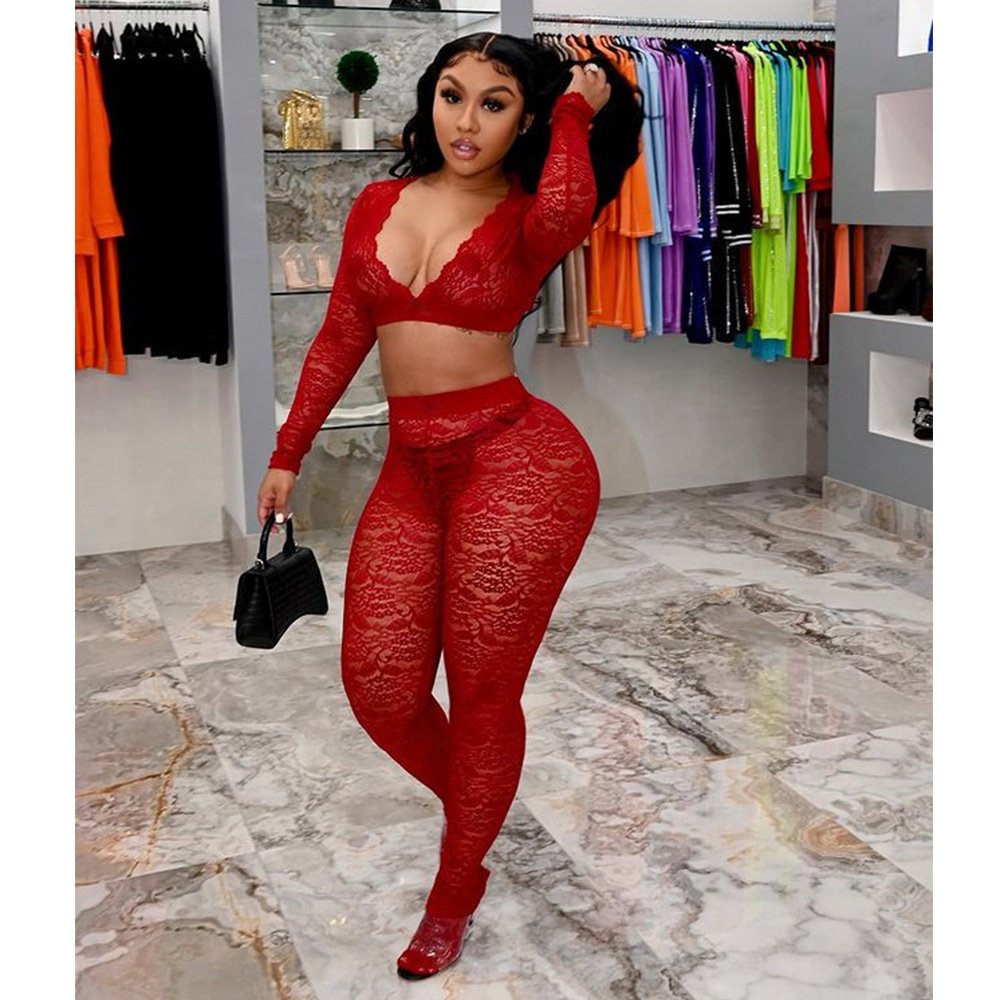 Fall 2024 Women's Clothing Mesh 2 Piece Outfits Sets Sexy V-Neck Crop Top And Skinny Pants Lace Two Piece Set For Ladies