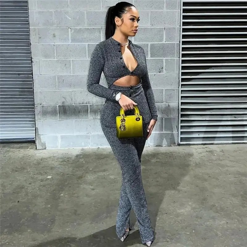 cross border Autumn two-piece suit navel hollow-out trousers business fashion suits for women