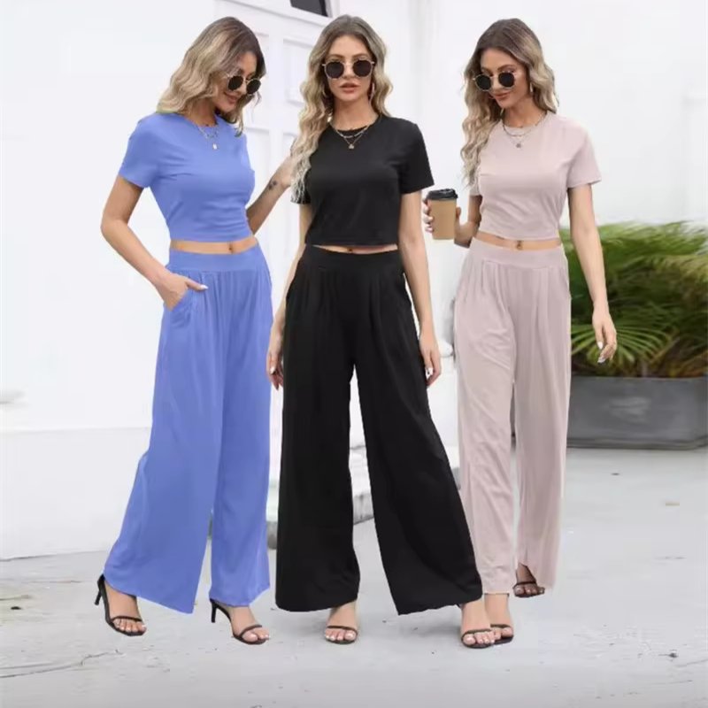 Summer Ladies Wide Leg Long Pants 2 Piece Set Casual Plain Knitwear Sweaters Sets Women's Co ords Suits Knitted Two Piece Sets