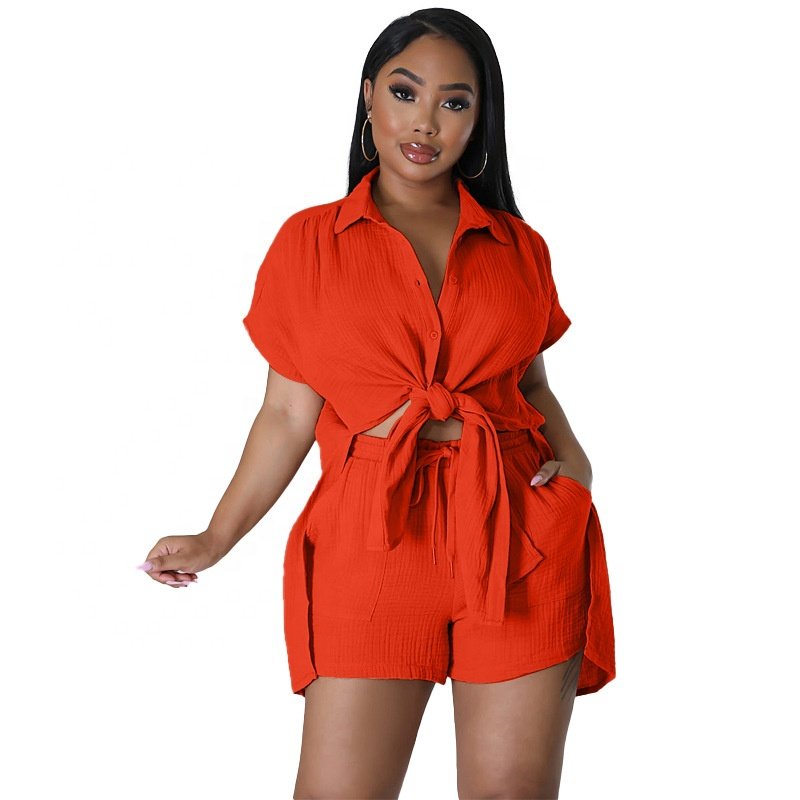 European and American clothing 2024 summer new cotton and linen solid color shirt short-sleeved casual shorts suit