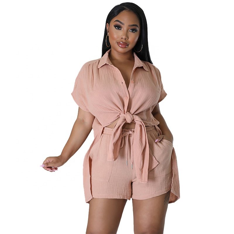 European and American clothing 2024 summer new cotton and linen solid color shirt short-sleeved casual shorts suit