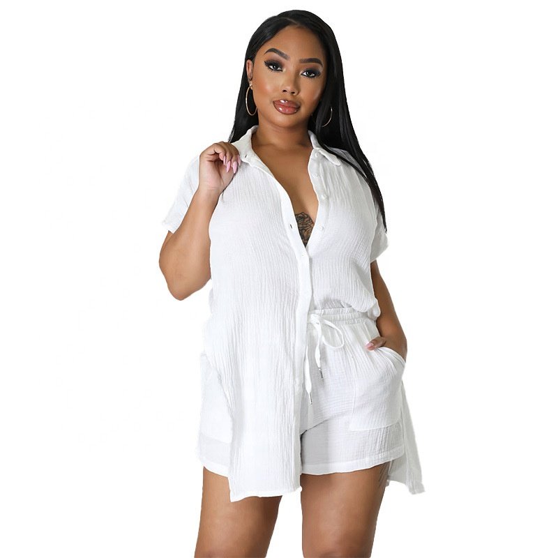 European and American clothing 2024 summer new cotton and linen solid color shirt short-sleeved casual shorts suit