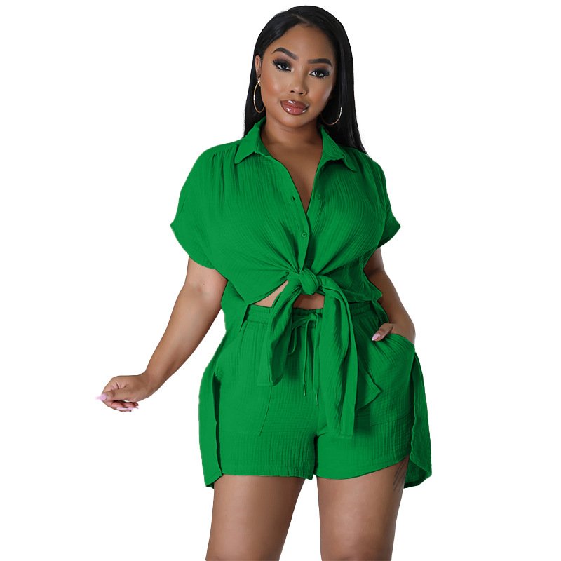 European and American clothing 2024 summer new cotton and linen solid color shirt short-sleeved casual shorts suit
