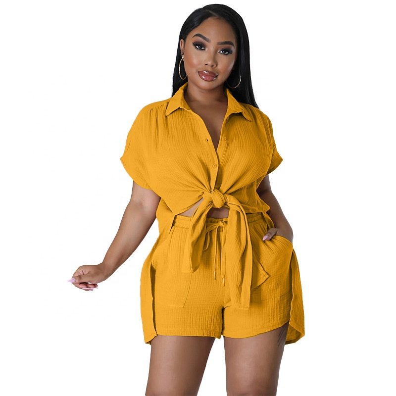 European and American clothing 2024 summer new cotton and linen solid color shirt short-sleeved casual shorts suit