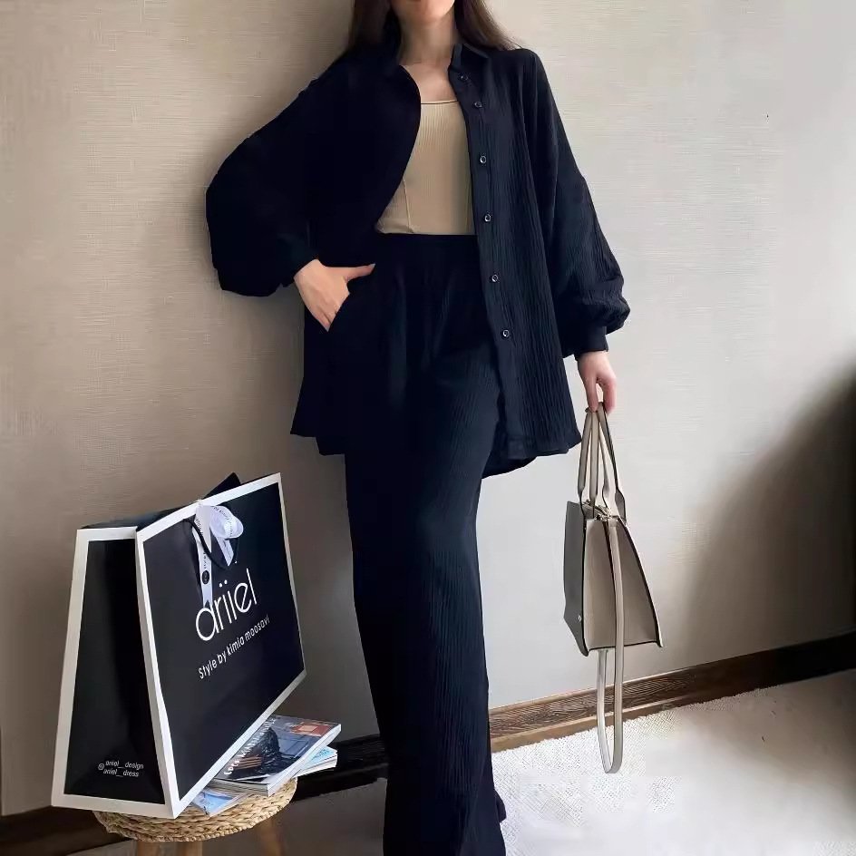 Boutique Wholesale 2024 Autumn New Fashionable Long Sleeve Collar Shirt Elastic Waist Pants Women's Set