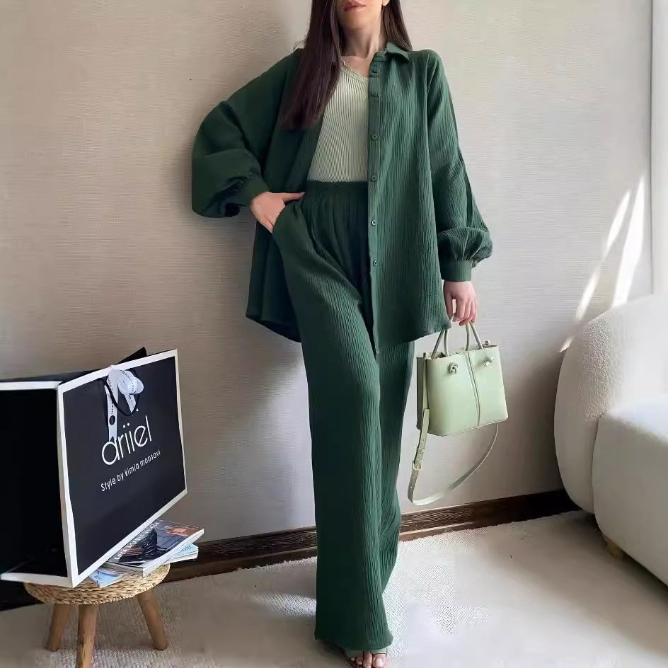 Boutique Wholesale 2024 Autumn New Fashionable Long Sleeve Collar Shirt Elastic Waist Pants Women's Set