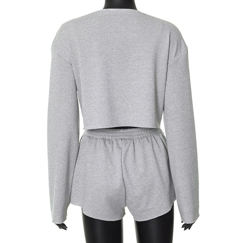 Women's Sets Long Sleeve Pullover Top Sweat Shorts Set Three Piece Crop Tank Top Sweatshirt Shorts Para Mujer