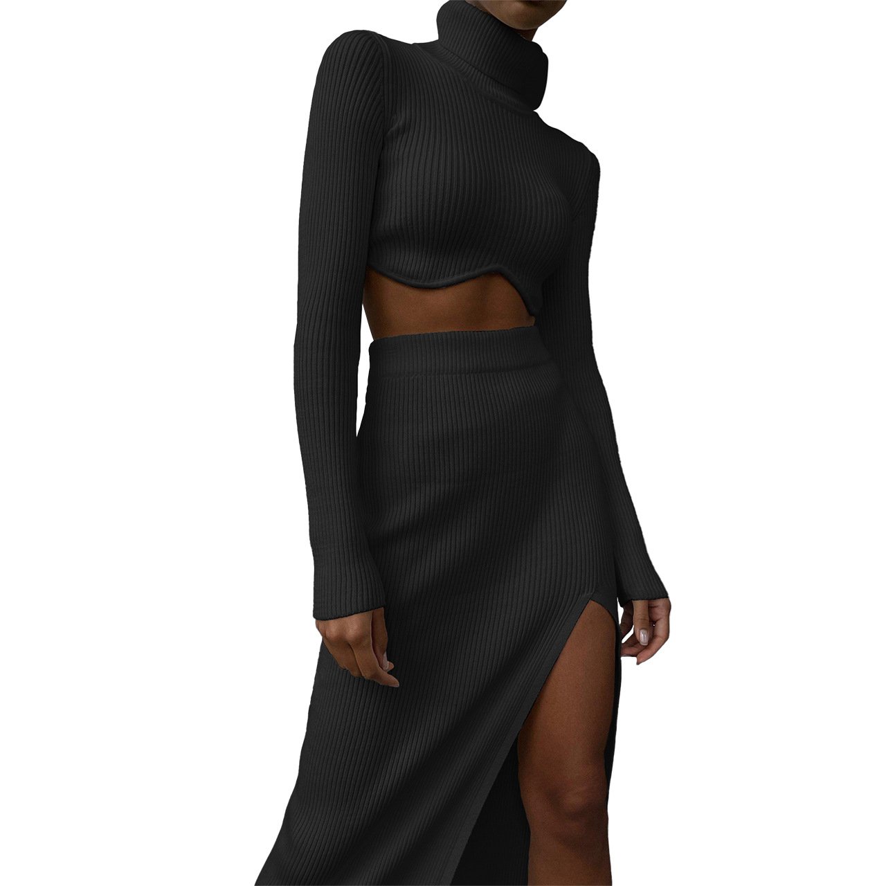 OEM Factory Custom Women Clothing Autumn Winter Knit Turtleneck Crop Sweater Long Skirt Two Piece Set