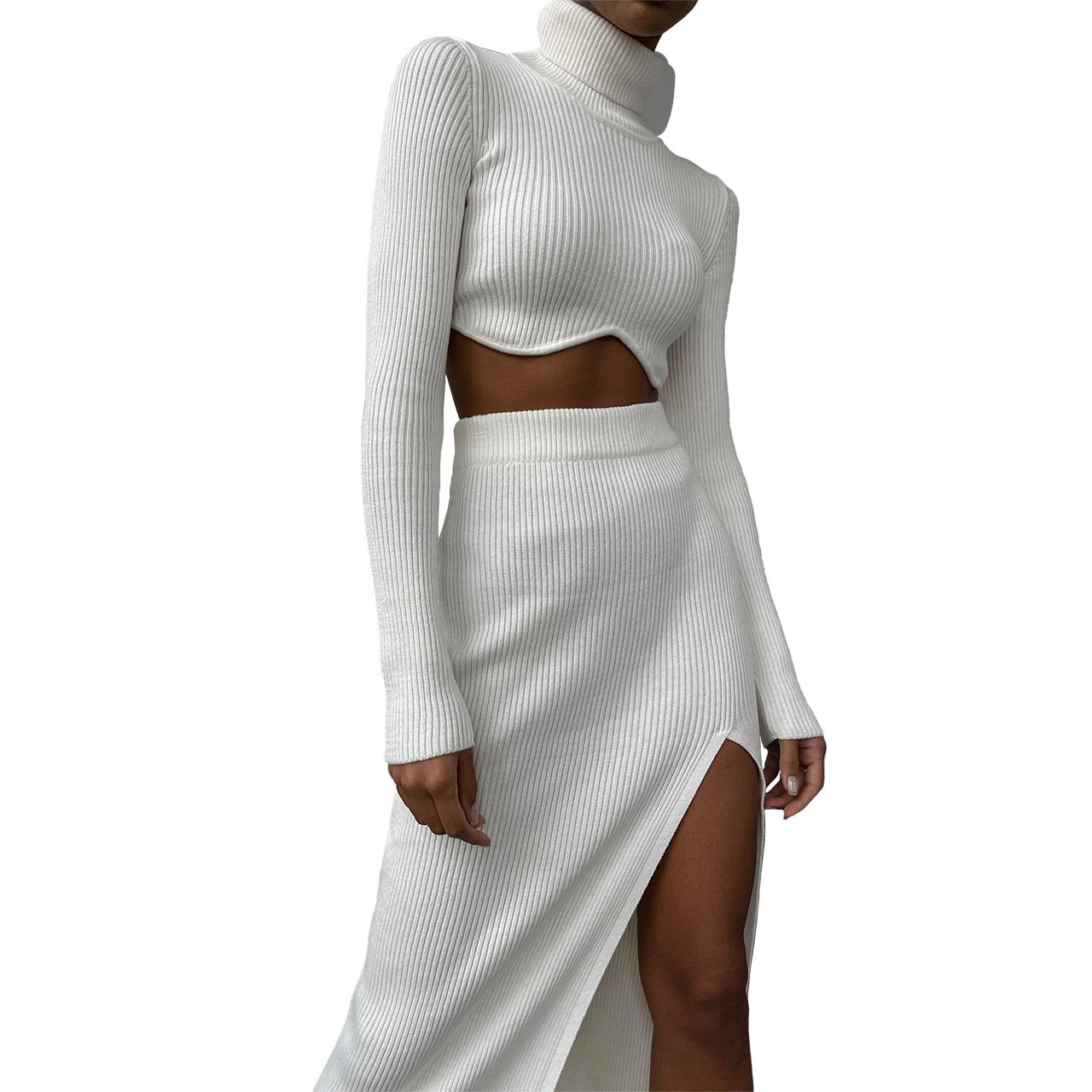 OEM Factory Custom Women Clothing Autumn Winter Knit Turtleneck Crop Sweater Long Skirt Two Piece Set