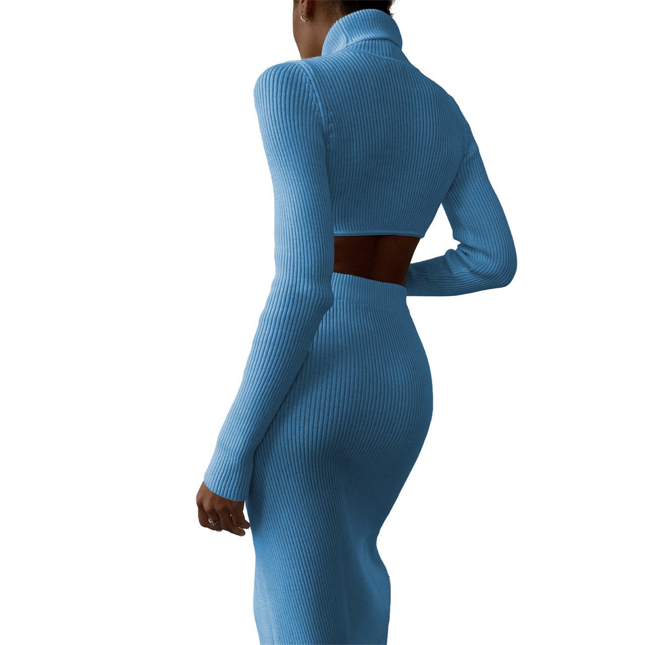 OEM Factory Custom Women Clothing Autumn Winter Knit Turtleneck Crop Sweater Long Skirt Two Piece Set