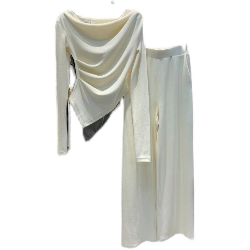 Wholesale 2023 Spring New Solid Color Irregular Waist T-shirt High Waist Loose Straight Leg Casual Pants Women's Set