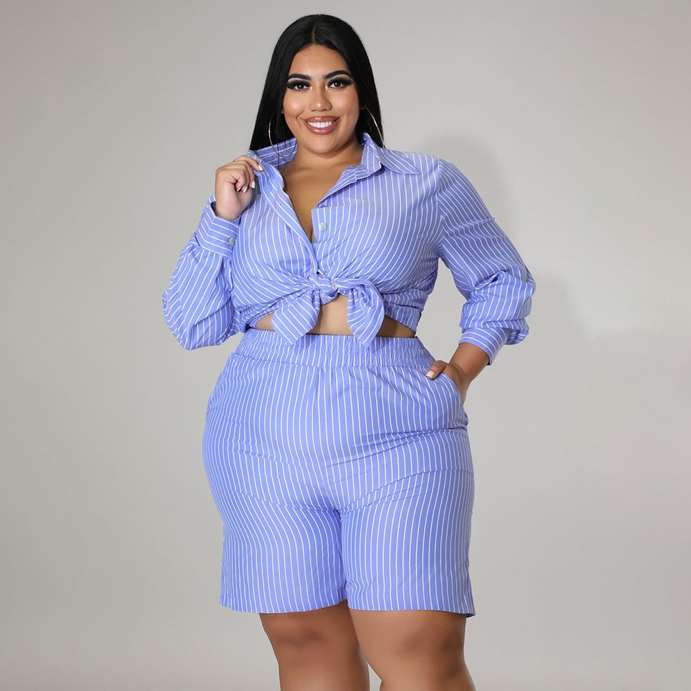 2022 new arrivals summer women clothing plus size Shirt Striped Print Loose 2 piece set women shorts set