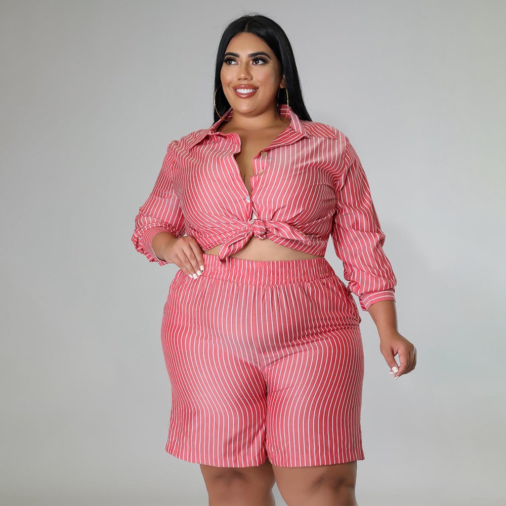 2022 new arrivals summer women clothing plus size Shirt Striped Print Loose 2 piece set women shorts set