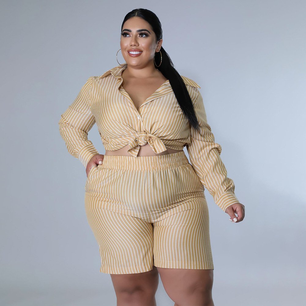 2022 new arrivals summer women clothing plus size Shirt Striped Print Loose 2 piece set women shorts set
