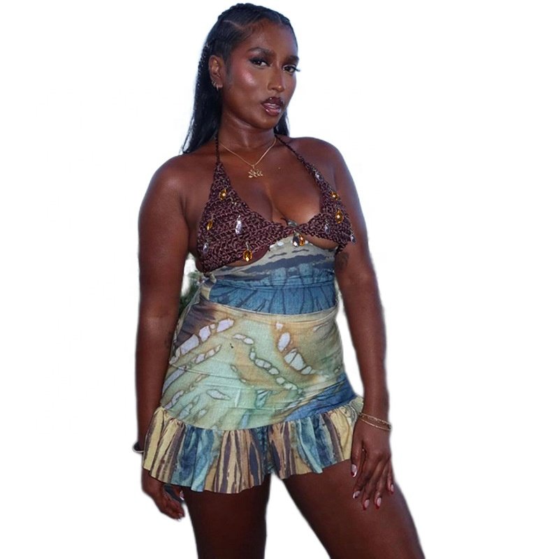 JY new summer 2024 print sleeveless tether slash neck crop top and short skirt 2 piece set bodycon sexy women's set