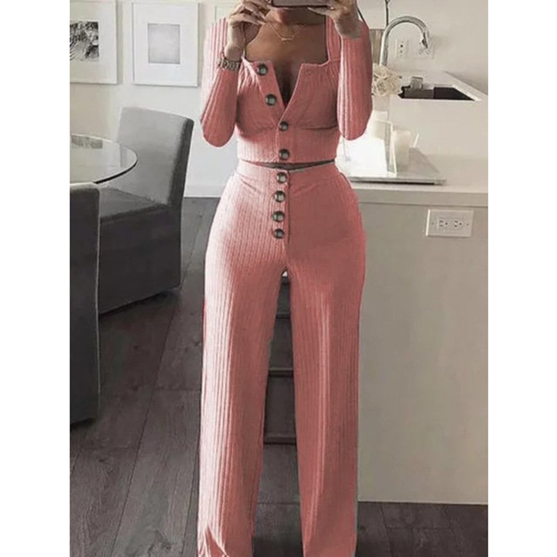 Best Selling Fall Long Sleeve Cardigan Slim Button Casual Suit Cropped Tops And Pants Two Piece Set Women Clothing Women's Sets