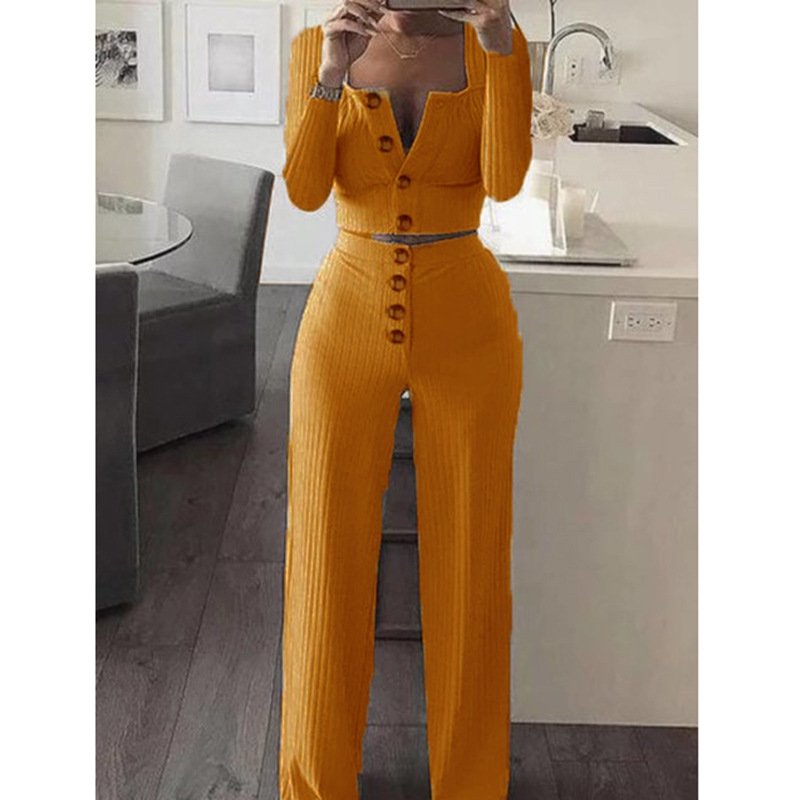 Best Selling Fall Long Sleeve Cardigan Slim Button Casual Suit Cropped Tops And Pants Two Piece Set Women Clothing Women's Sets
