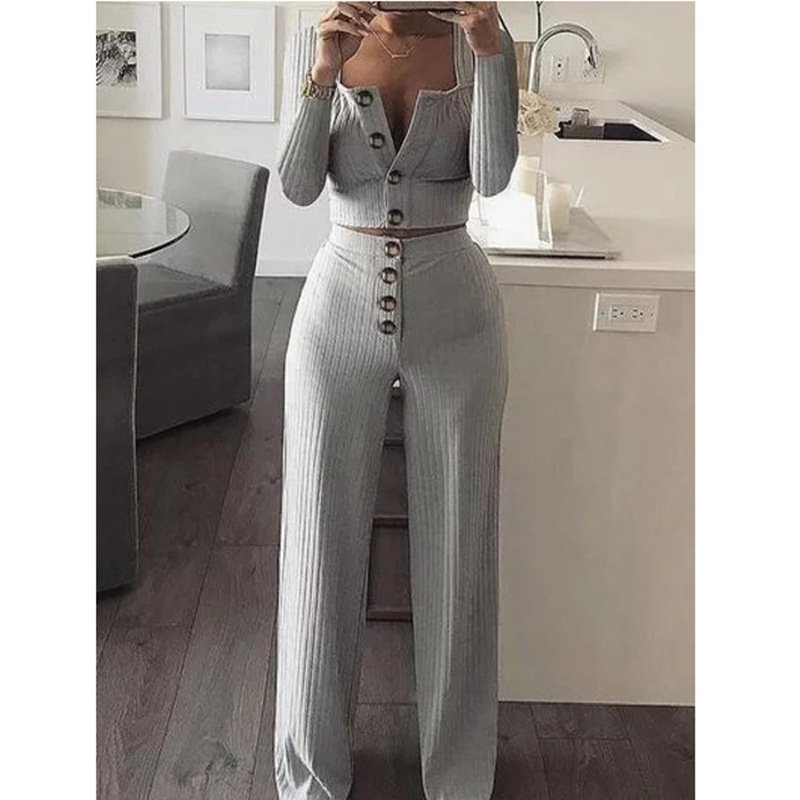 Best Selling Fall Long Sleeve Cardigan Slim Button Casual Suit Cropped Tops And Pants Two Piece Set Women Clothing Women's Sets