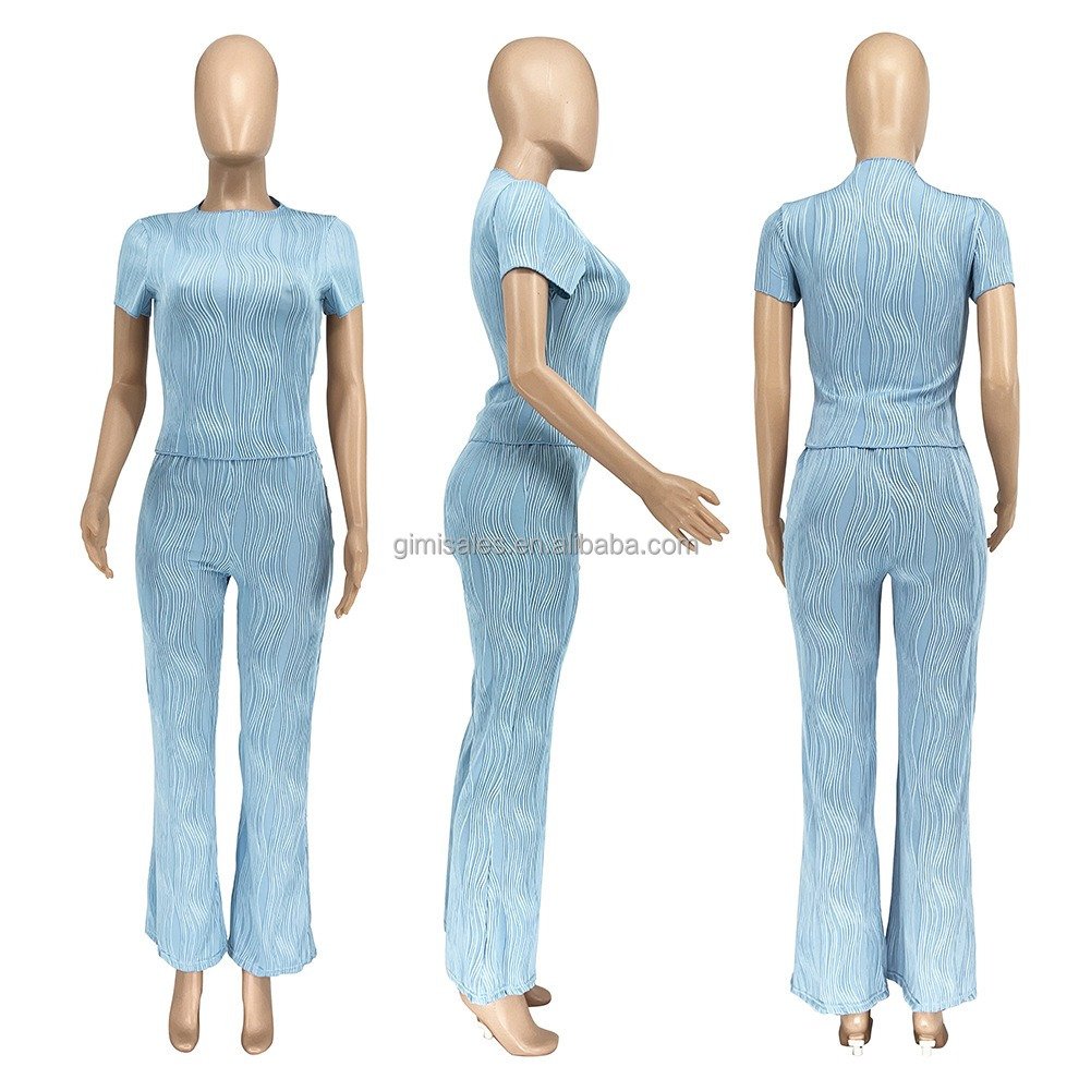 2024 New Arrivals Women clothes set Wave Striped Short sleeve 2 pieces Set Crew Neck T Shirt Sport Casual Pants set for women