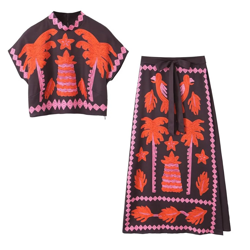 ZATRHMBM 2024 Female Skirts Sets Fashion Printed Short-Sleeved shirt+ High Waist Midi Skirt Two Piece Set For Women