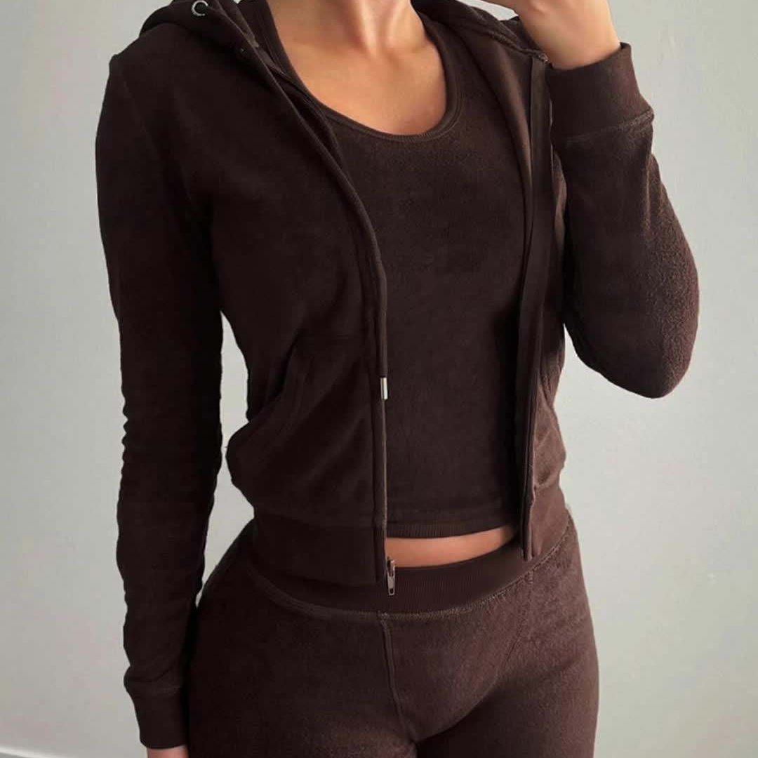 Autumn Casual street sports Women's Sets Cozy Terry Hooded Jackets Drawstring Zipper Pockets Concise Tops Casual Suit