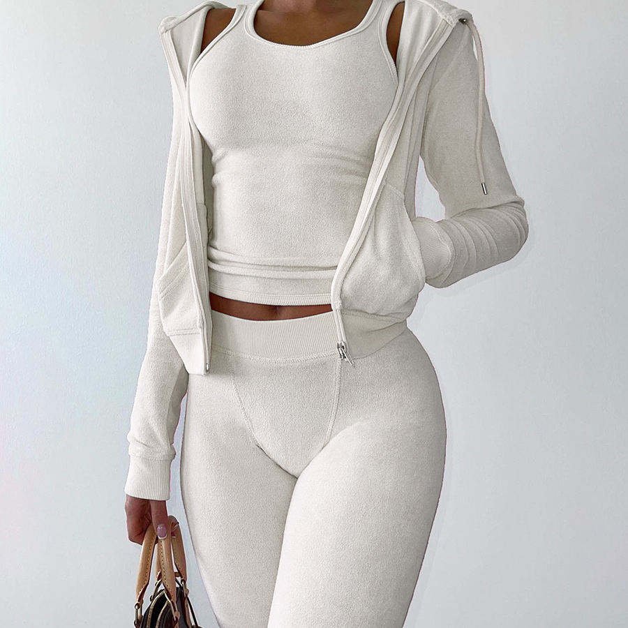 Autumn Casual street sports Women's Sets Cozy Terry Hooded Jackets Drawstring Zipper Pockets Concise Tops Casual Suit