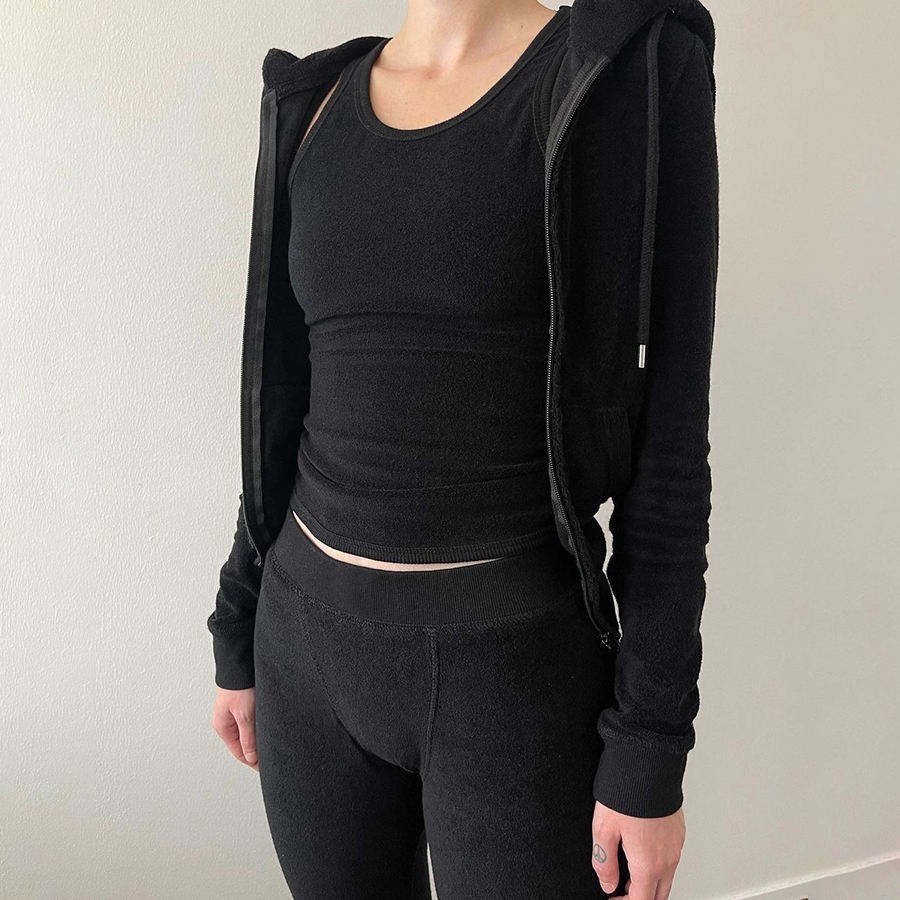 Autumn Casual street sports Women's Sets Cozy Terry Hooded Jackets Drawstring Zipper Pockets Concise Tops Casual Suit