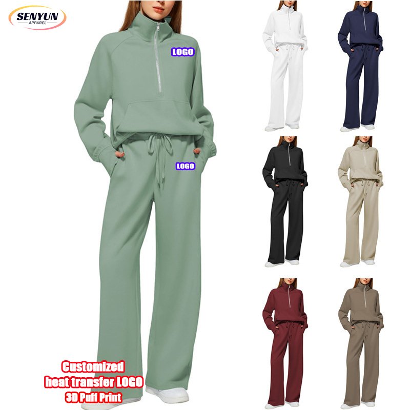 Hot Sell Winter Zip Tracksuits Sports Gym Custom Logo 3d Puff Print Plus Size Plain Outfits Sexy 2 Piece Jogger Women'S Sets