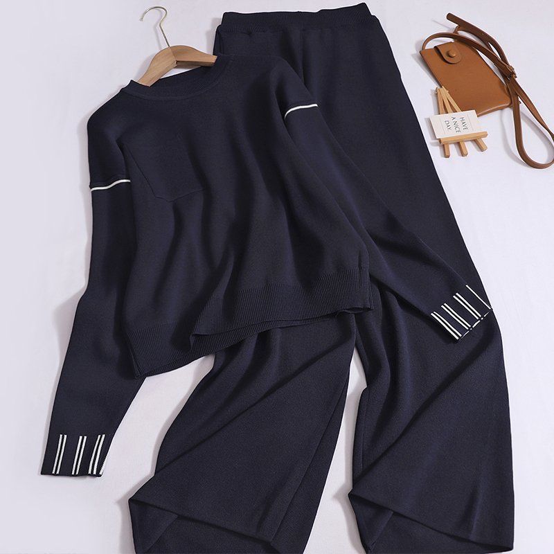 Boutique Wholesale 2024 Autumn New Fashionable Round Neck Long Sleeved Sweatshirt Straight Leg Wide Leg Pants Women's Set