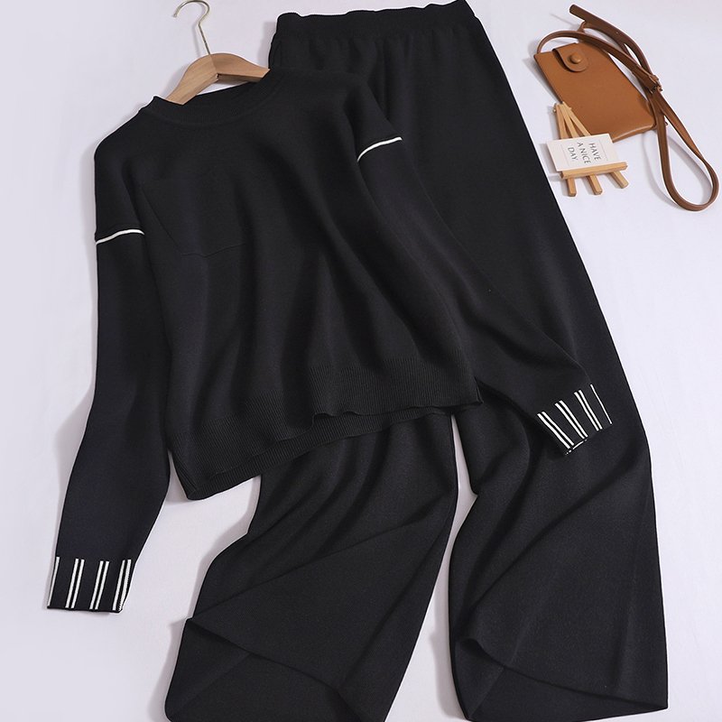 Boutique Wholesale 2024 Autumn New Fashionable Round Neck Long Sleeved Sweatshirt Straight Leg Wide Leg Pants Women's Set