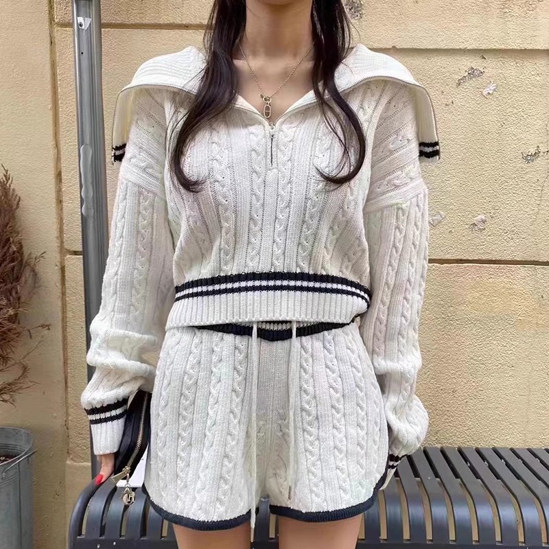 Boutique Wholesale 2024 Autumn Temperament Long Sleeved Knitted Sweater High Waisted Contrasting Shorts Women's Set