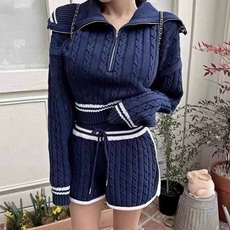 Boutique Wholesale 2024 Autumn Temperament Long Sleeved Knitted Sweater High Waisted Contrasting Shorts Women's Set