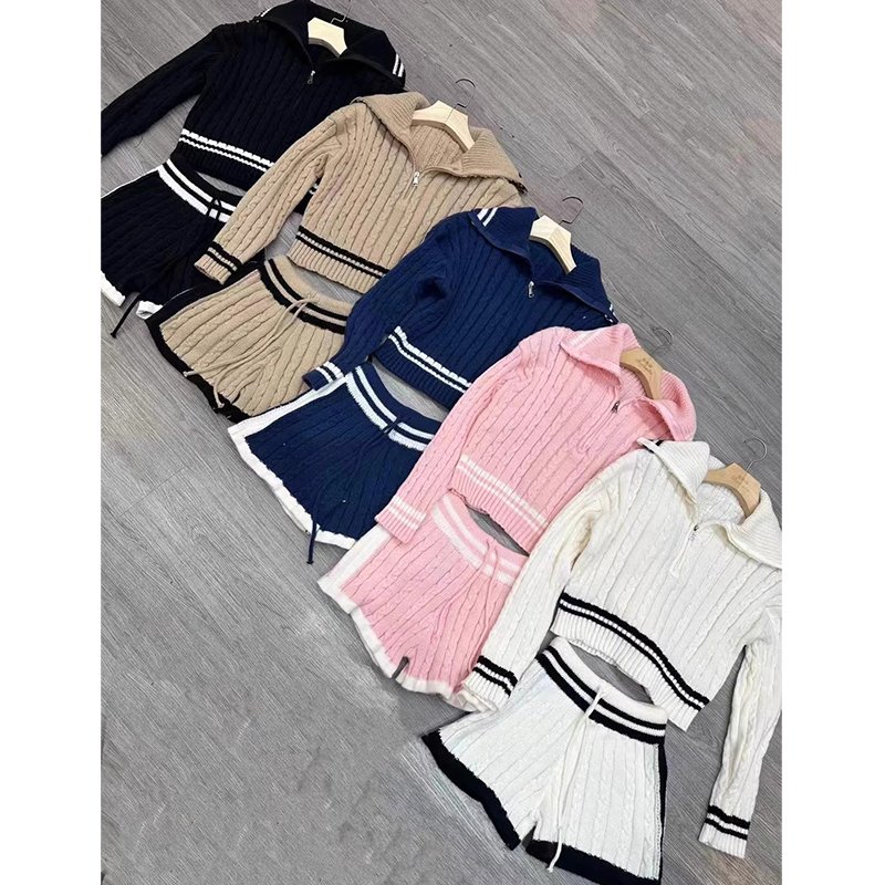 Boutique Wholesale 2024 Autumn Temperament Long Sleeved Knitted Sweater High Waisted Contrasting Shorts Women's Set
