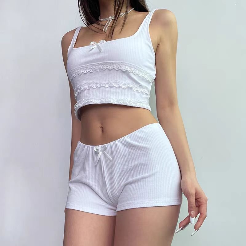 Summer Spring Women's Custom Lace Trim Bow Detail Cropped Cami Tank Tops Short Set Women'e Set Lounge Wear