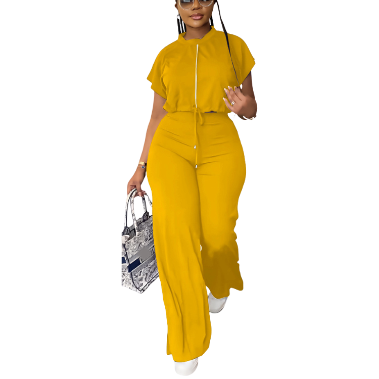 Women's 2024 Casual Two Piece Outfits Solid Drawstring Short Sleeve Crop Tops High Waist Split Leg Pants Sport Suit Sets