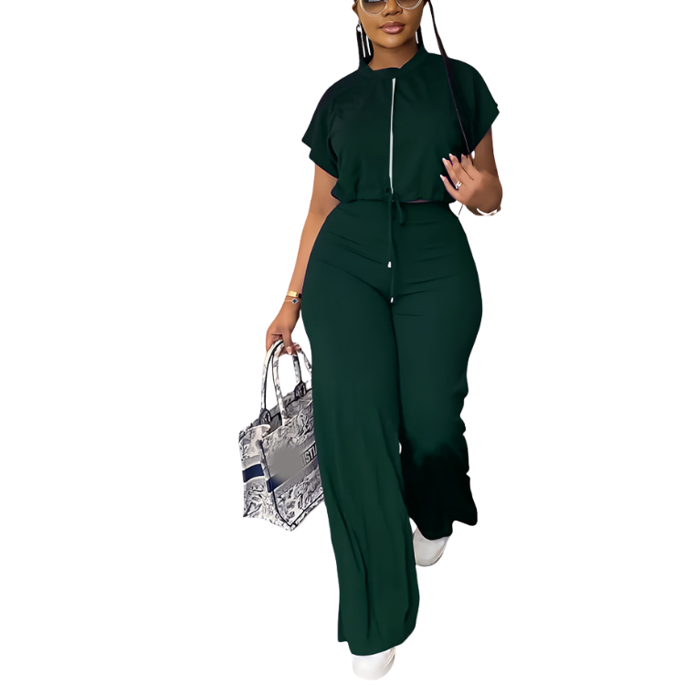 Women's 2024 Casual Two Piece Outfits Solid Drawstring Short Sleeve Crop Tops High Waist Split Leg Pants Sport Suit Sets