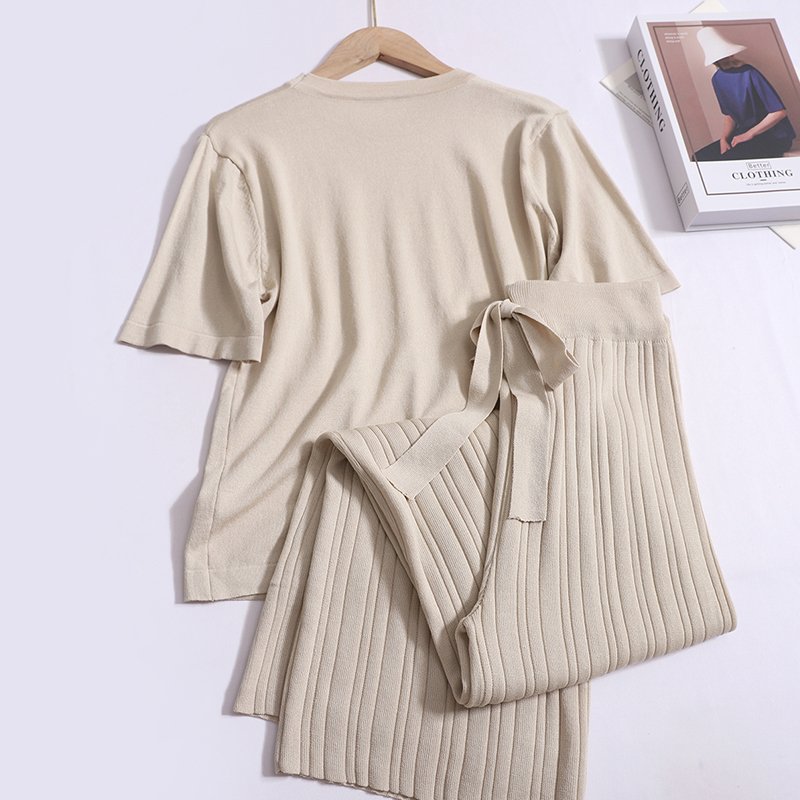 Boutique Wholesale 2024 Autumn New Round Neck Short Sleeved Knitted T-shirt Loose Straight Leg Wide Leg Pants Women's Set