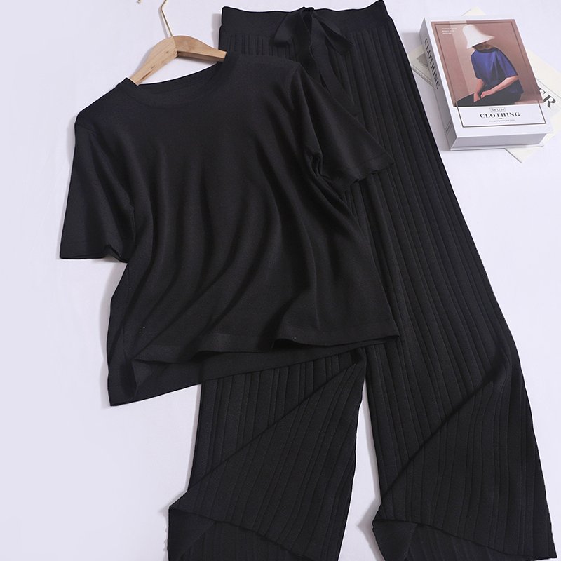 Boutique Wholesale 2024 Autumn New Round Neck Short Sleeved Knitted T-shirt Loose Straight Leg Wide Leg Pants Women's Set