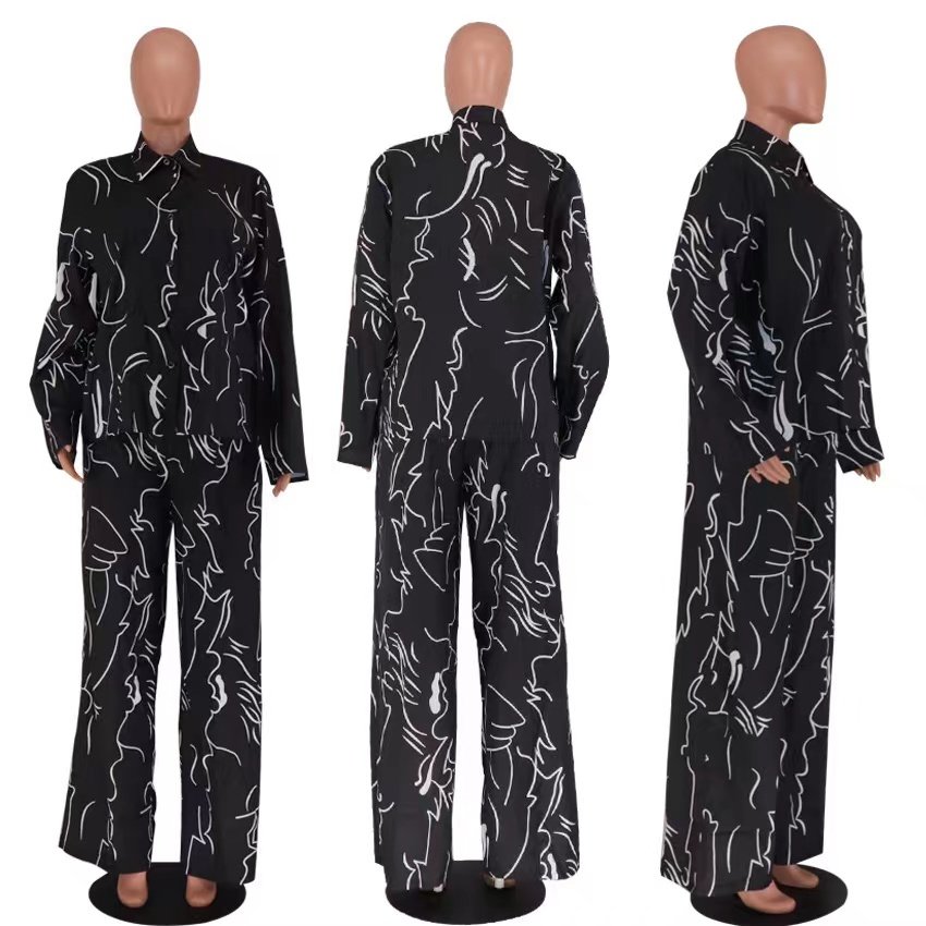 New Printed Long Sleeve Shirts And Pants 2 Piece Set Casual Loose Women's Sets