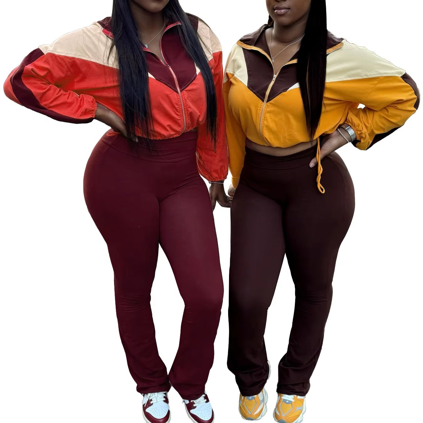 High Quality Women's Casual Sets Zipper Patchwork Sporty Two Piece Sets Women Long Sleeve Drawstring 2 Piece Set Women Tracksuit