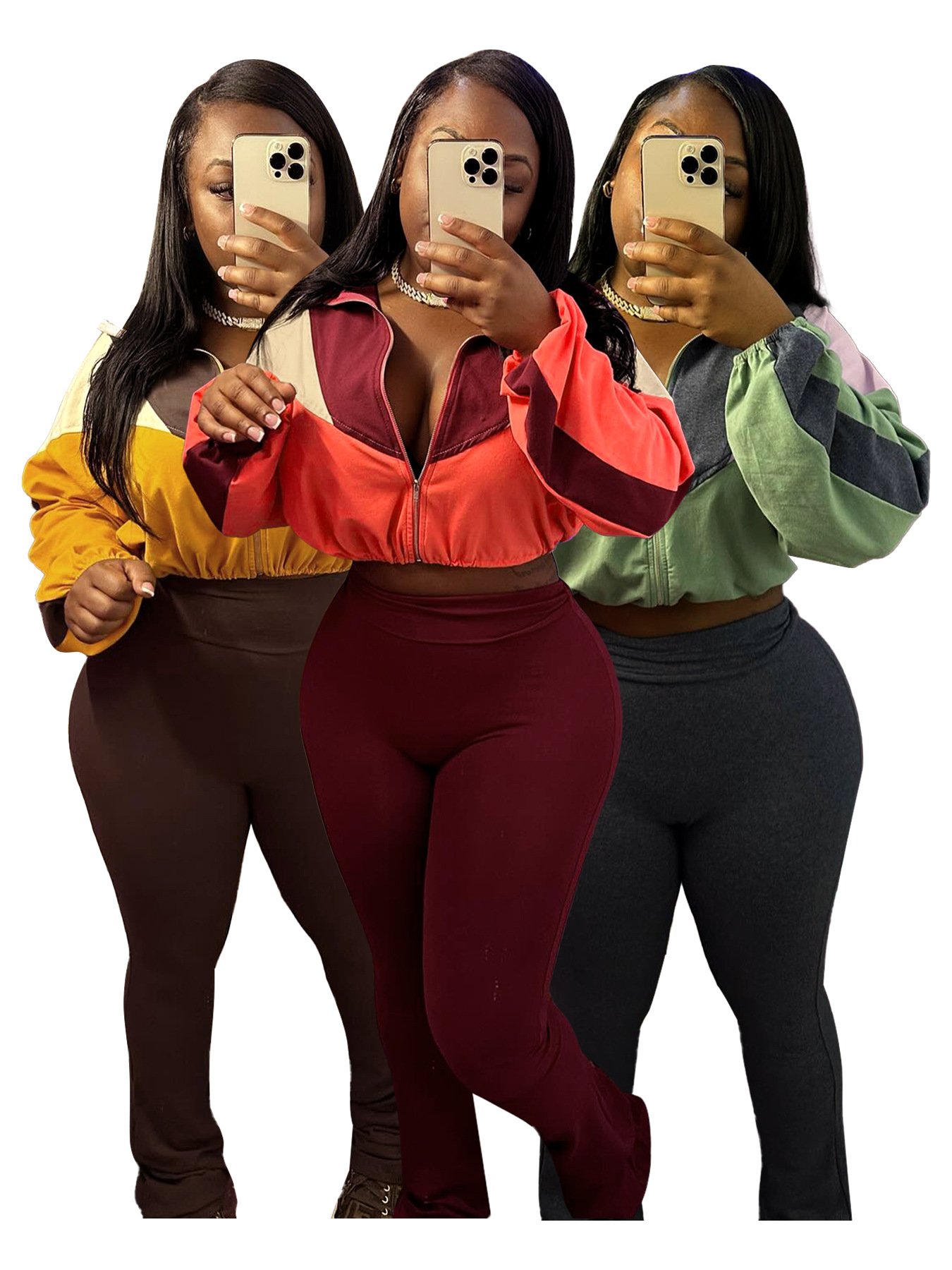 High Quality Women's Casual Sets Zipper Patchwork Sporty Two Piece Sets Women Long Sleeve Drawstring 2 Piece Set Women Tracksuit