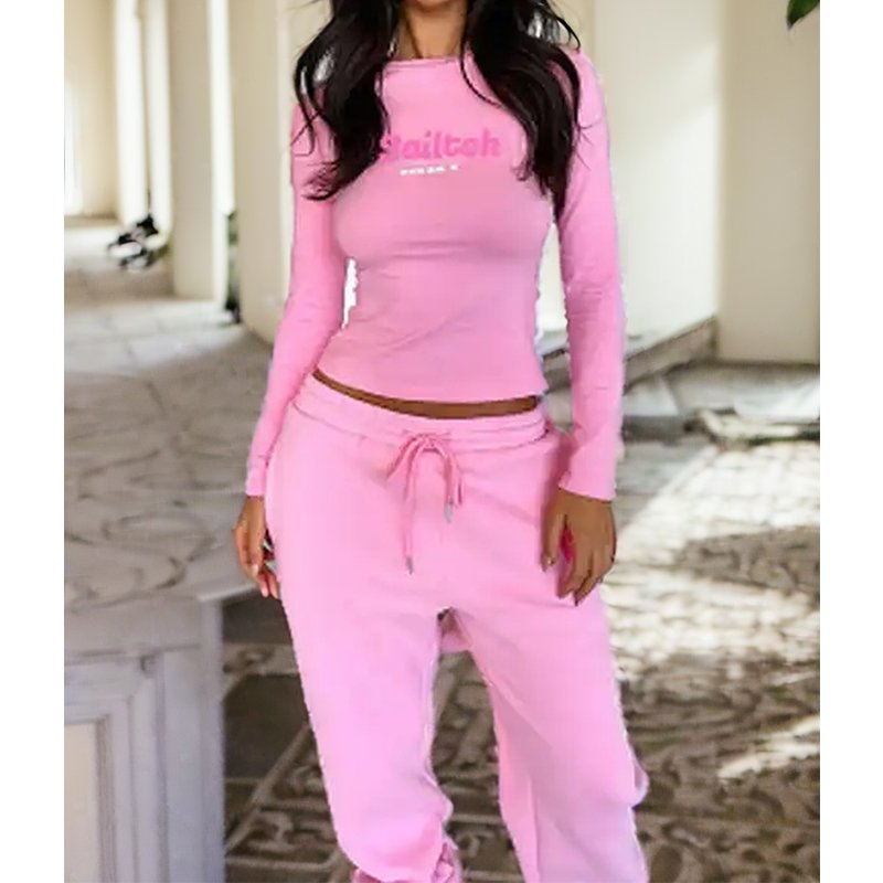 2024 Women clothing custom women's sets high quality pink 2 piece long sleeve crop top and pants set women loungewear sets