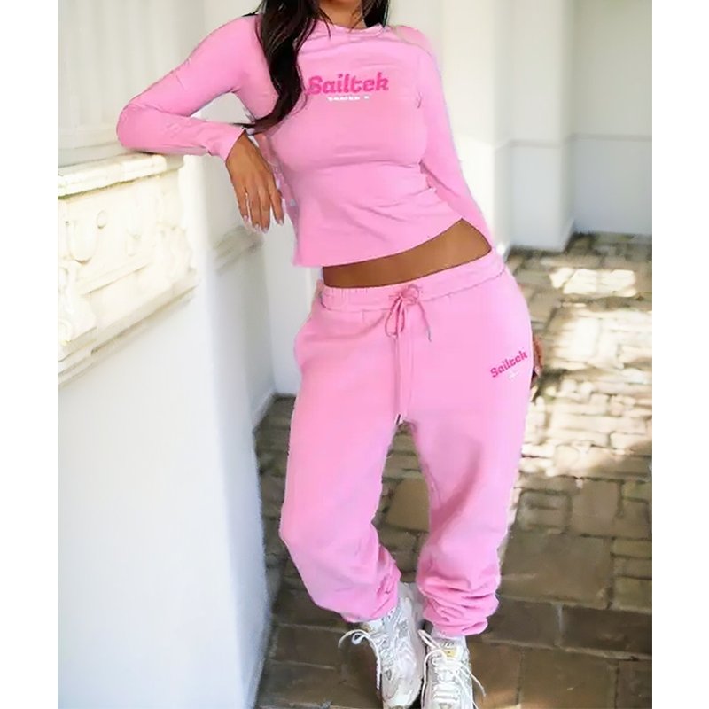2024 Women clothing custom women's sets high quality pink 2 piece long sleeve crop top and pants set women loungewear sets