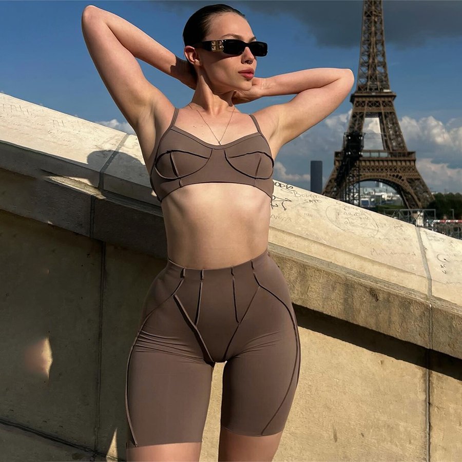 Kliou K24S49155 Casual Sporty Style 2 Piece Set Women Spaghetti Straps Two Pieces Short Sets Skinny Women's Set