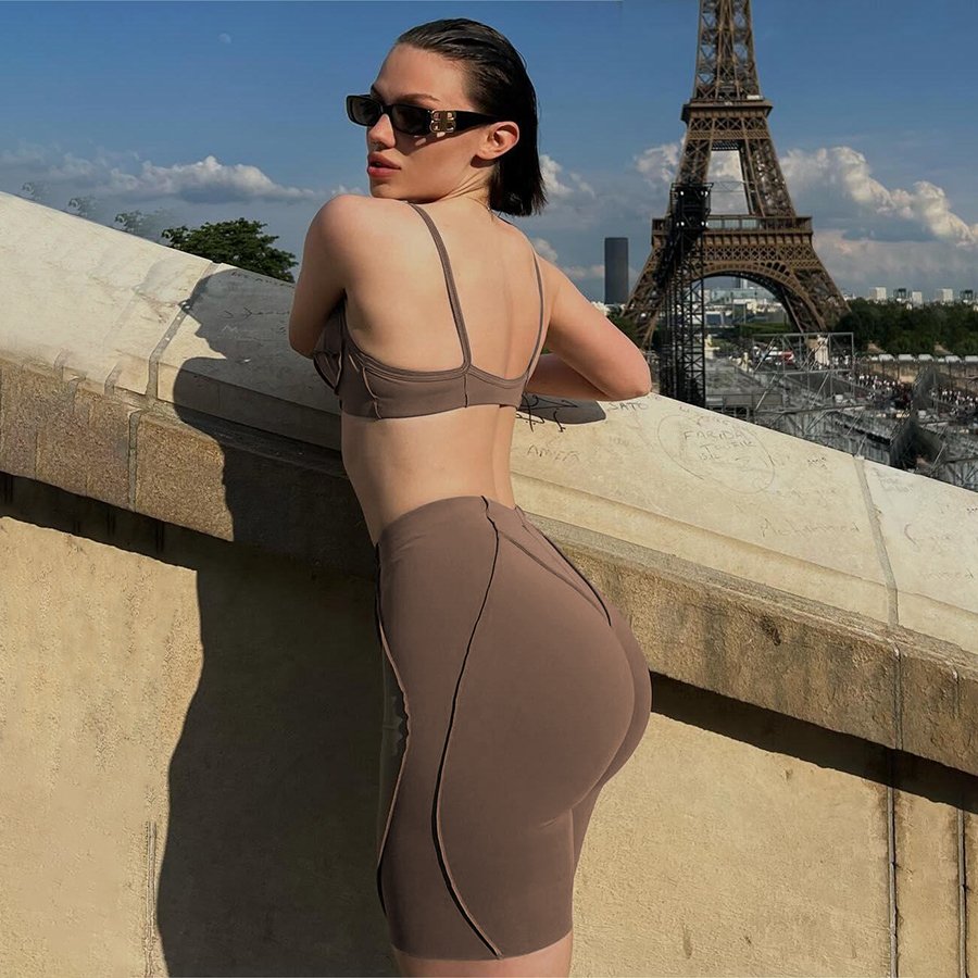Kliou K24S49155 Casual Sporty Style 2 Piece Set Women Spaghetti Straps Two Pieces Short Sets Skinny Women's Set