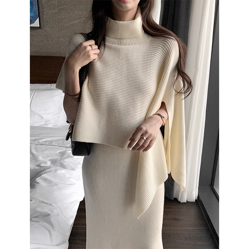 Boutique Wholesale 2024 Autumn Retro High Neck Irregular Knitted Sweater Bag Hip Skirt Women's Set