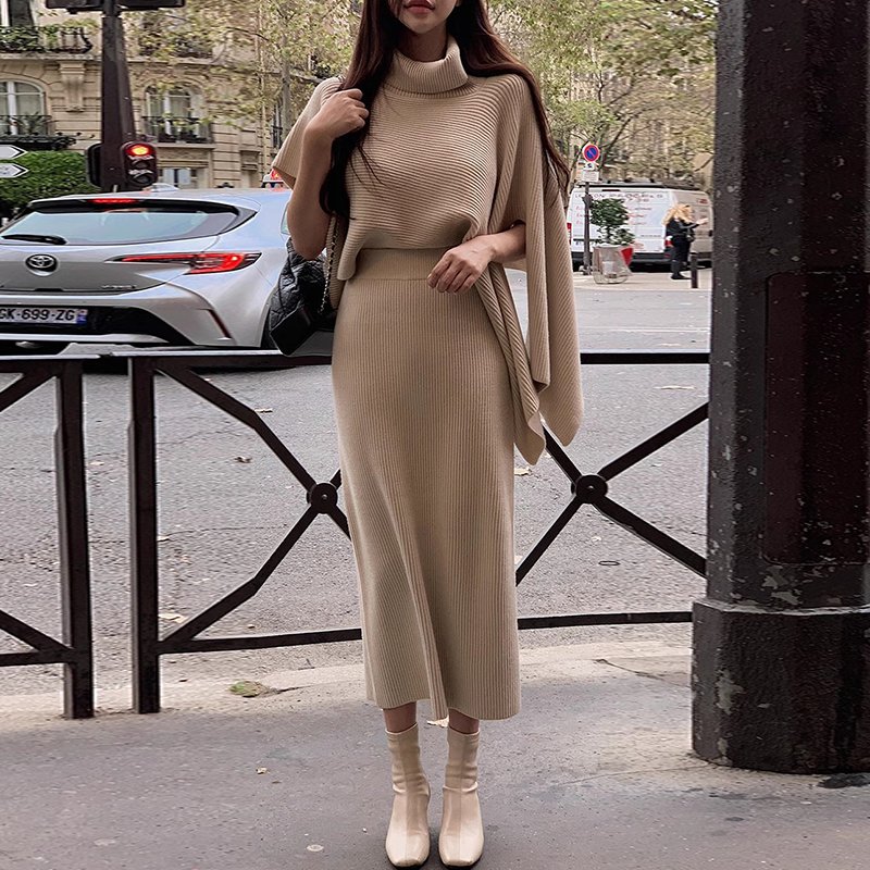Boutique Wholesale 2024 Autumn Retro High Neck Irregular Knitted Sweater Bag Hip Skirt Women's Set