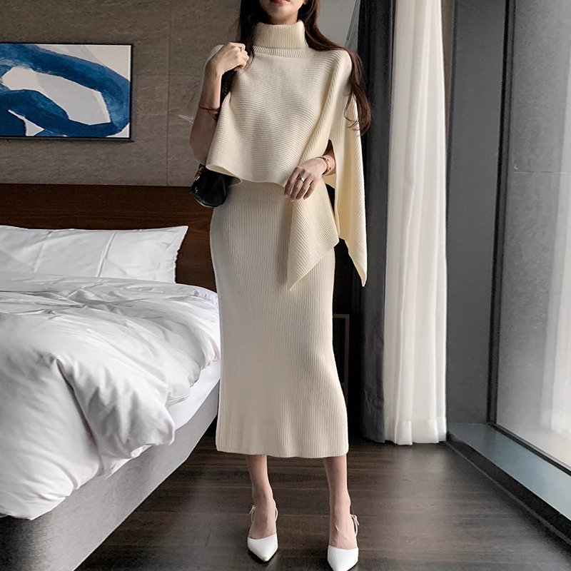 Boutique Wholesale 2024 Autumn Retro High Neck Irregular Knitted Sweater Bag Hip Skirt Women's Set