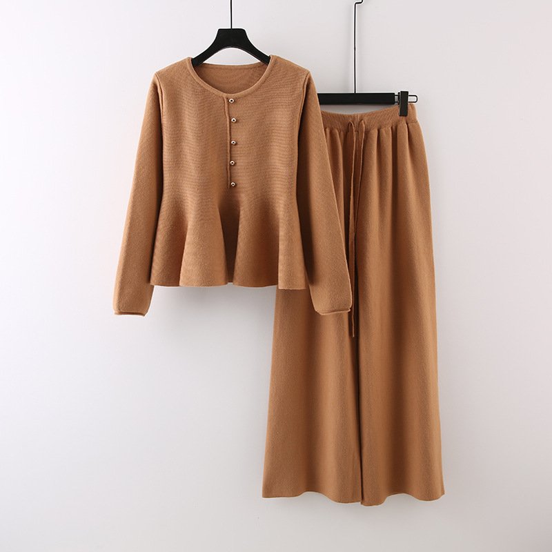 Boutique Wholesale 2024 Autumn New Fashionable High Waisted Design Slim Fit Sweater Knitted Wide Leg Pants Women's Set